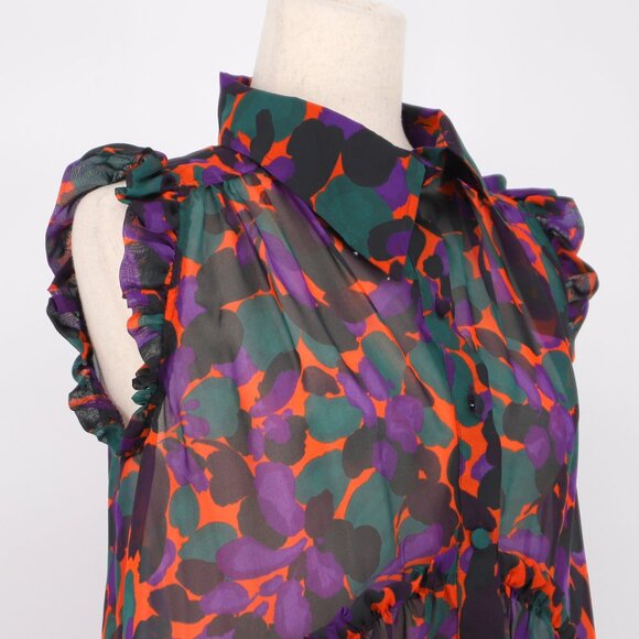 INCLAN STUDIO 100% Silk Ruffle Sleeve Sheer Purple Multi High-Low Blouse Size S - Picture 3 of 10